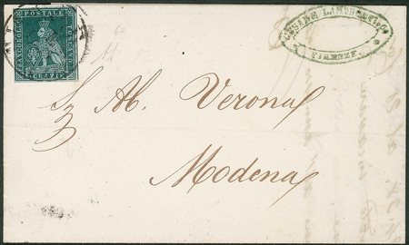 Antichi Stati Italiani - Toscana - Splendido esemplare ottimamente marginato del 4 crazie verde azzurro su azzurro (6a)