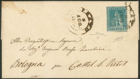 Antichi Stati Italiani - Toscana - Annullamenti - Lettera gialla da Prato e Castel San Pietro del 3 agosto 1855