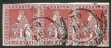 Antichi Stati Italiani - Toscana - Difetti di cliché - 1851 - Splendida striscia di tre del 1 crazia carminio chiaro (4)