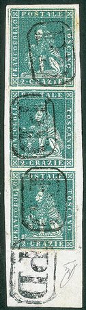 Antichi Stati Italiani - Toscana - Difetti di cliché - 1851 - Striscia verticale di tre del 2 crazie azzurro verdastro su grigio (5e)