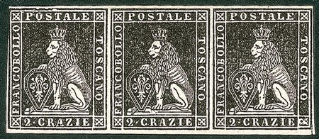 Antichi Stati Italiani - Toscana - Difetti di cliché - 1851 - Prova - Striscia di tre del 2 crazie nero su carta bianca (P9)