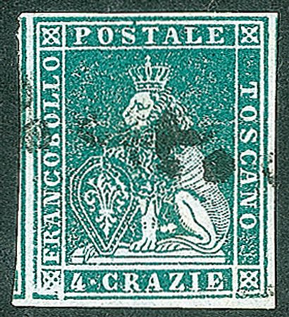 Antichi Stati Italiani - Toscana - Difetti di cliché - 1851 - Esemplare ben marginato del 4 crazie verde su grigio (6)