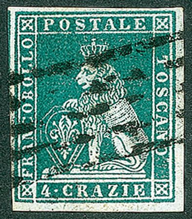 Antichi Stati Italiani - Toscana - Difetti di cliché - 1851 - Bell'esemplare del 4 crazie verde su azzurro (6a)