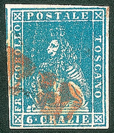 Antichi Stati Italiani - Toscana - Difetti di cliché - 1857 - Bell'esemplare del 6 crazie azzurro chiaro (15)