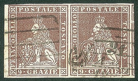 Antichi Stati Italiani - Toscana - Difetti di cliché - 1851 - Bella coppia bordo di foglio del 9 crazie bruno violaceo