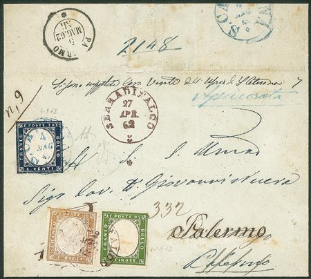 Regno - Vittorio Emanuele II - Lettera da Serra di Falco in rosso (p. 10) Palermo con 5 cent. verde olivastro (Sass. 13Dc) e 10 cent. bruno chiaro (Sass. 14Cm)