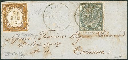 Regno - Vittorio Emanuele II - Fronte di lettera recante un 10 cent Sardegna + 5 cent DLR (14E + L16)