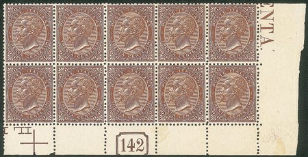 Regno - Vittorio Emanuele II - 1866 - Blocco di dieci angolo di foglio del 30 cent bruno (T19)