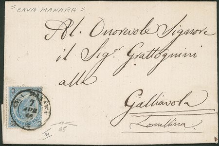 Regno - Vittorio Emanuele II - Lettera spedita da CAVA MANARA (PV) diretta a Galliavola con 20 cent. su 15, III tipo (Sass. 25)