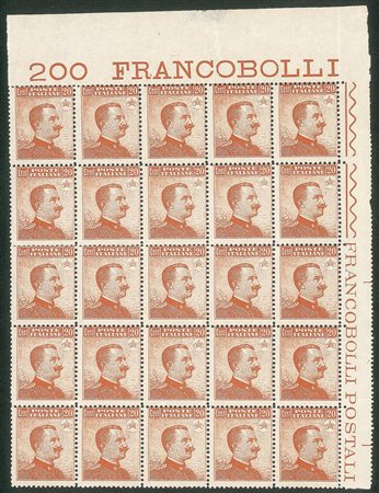 Regno - Vittorio Emanuele III - 1916 - Blocco di venticinque angolo di foglio del 20 cent arancio (107)