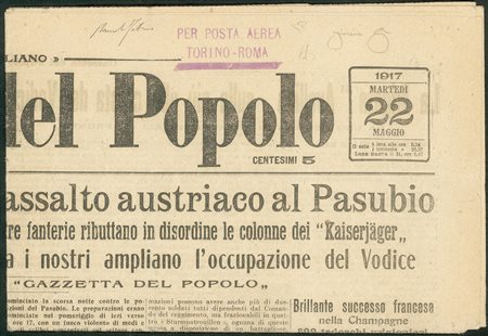 Regno - Vittorio Emanuele III - Posta Aerea e Aerogrammi - 1917 - Per Posta Aerea Torino Roma (Violetto lineare su due righe)