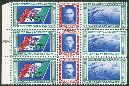 Regno - Vittorio Emanuele III - Posta Aerea e Aerogrammi - 1933 - Bellissimo blocco di tre bordo di foglio dei Trittici I-GIOR/I-RECA/I-BIAN (51/52 B-g-q)