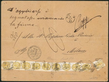 Regno - Vittorio Emanuele III - Servizi - Involucro di plico tassato per 1 lira con striscia di nove più singolo del 10 cent Segnatasse (1)