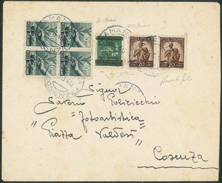 Regno - Luogotenenza - Busta affrancata con Monumenti Distrutti 2 lire su 25 cent verde (F525)