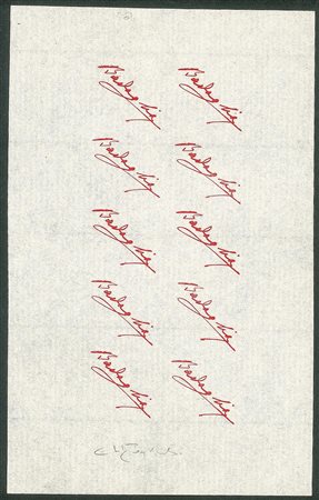 Regno - Luogotenenza - 1943 - Firma di Badoglio - Prova della soprastampa in rosso carminio - blocco di 10 esemplari su carta sottile vergata