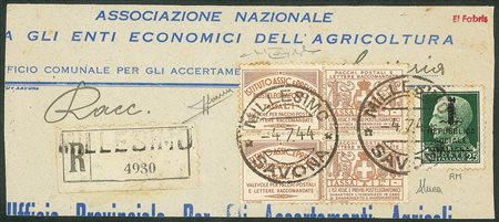 Repubblica Sociale - Provvisori - Grande frammento di raccomandata in affrancatura d'emergenza composta da 25 cent (491)