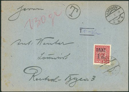 Occupazioni I guerra mondiale - Trentino-Alto Adige - Busta da Kardaun 23.11.18 tassata con 1 su 1 k. (BZ3/74)