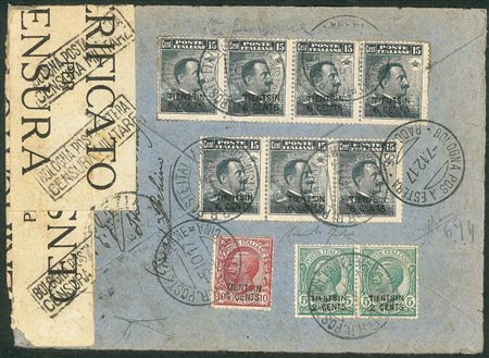 Uffici Postali all'Estero - Levante - Tientsin - Busta raccomandata con affrancatura multipla dei primi tre valori soprastampati a mano (due 1 + 2 + sette 3)