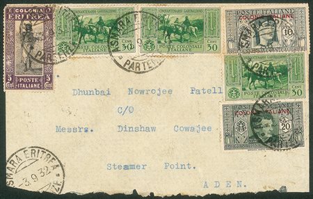 Colonie - Emissioni generali - Busta affrancata con 10 cent + 20 cent Dante Alighieri (11 + 13) + tre 30 cent Garibaldi (4) + 5 cent Eritrea (156)