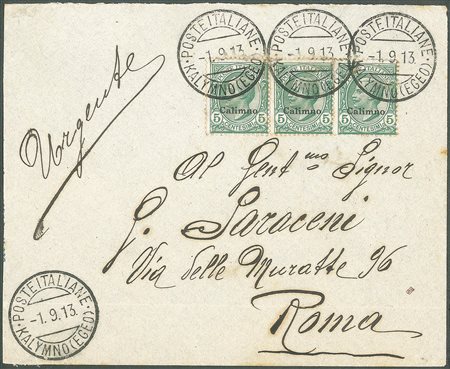 Colonie - Egeo - Kalymno (Egeo)/Poste Italiane 1.9.13 - striscia di tre del 5 cent soprastampato (2)