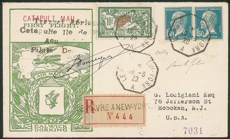 Europa e Oltremare - Stati Uniti - Catapult Mail - Busta raccomandata affrancata con valori di Francia (Scott 131 + due 196)