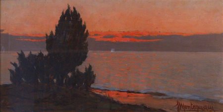 Autore sconosciuto Marina al tramonto Olio su tavola, 20x35 cm, con cornice:...