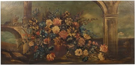 Anonimo Natura morta con fiori (inizi XX secolo) Olio su tela, 58x123 cm, con...