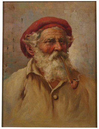 Anonimo Ritratto di vecchio con pipa Olio su tela, 40x30 cm, con cornice:...