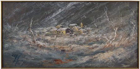 Anonimo Paesaggio invernale (XX secolo) Olio su tavola, 45x75 cm, con...