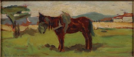Autore sconosciuto Cavallo (XX secolo) Olio su tavola, 10x25 cm, con cornice:...