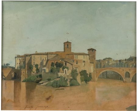 Autore sconosciuto Veduta di città (XX secolo) Olio su cartone telato, 25x30...