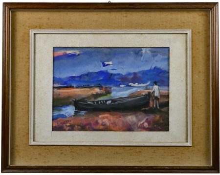 Alfredo Catarsini (Viareggio, 1899 - Viareggio, 1993) Barca ormeggiata, 1957...