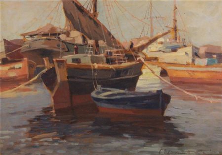 Carlo Domenici (Livorno, 1897 - Portoferraio, 1981) Barche al porto Olio su...