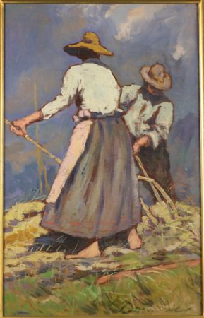 Carlo Domenici (Livorno, 1897 - Portoferraio, 1981) Contadini a lavoro Olio...