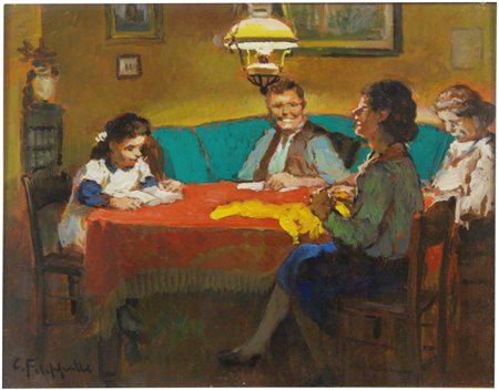 Cafiero Filippelli (Livorno, 1889 - Livorno, 1973) Scena famigliare Olio su...