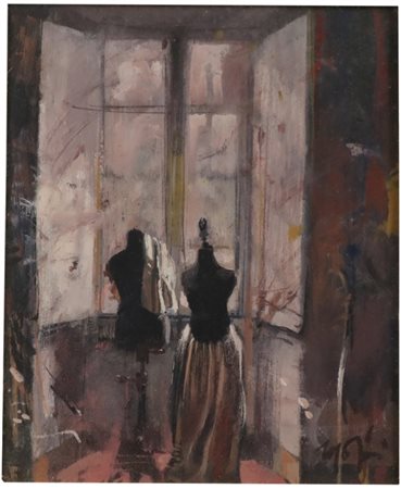 Mario Madiai (Siena, 1944) Aspettando Rosanna, 1982 Olio su tavola, 18x15 cm,...