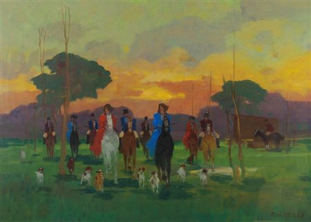 Renato Natali (Livorno, 1883 - Livorno, 1979) Cavalcata Olio su tavola,...