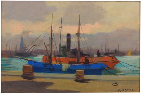 Renato Natali (Livorno, 1883 - Livorno, 1979) Porto di Livorno Olio su...