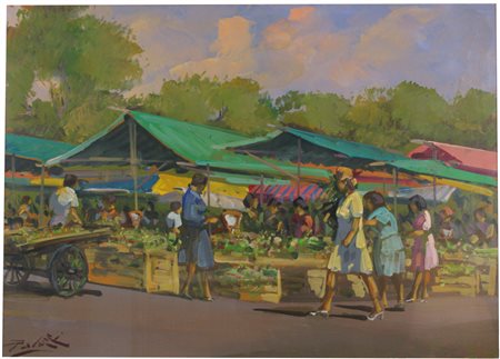 Lorenzo Palazzi (Livorno, 1921 - Livorno, 1990) Mercato delle verdure a...