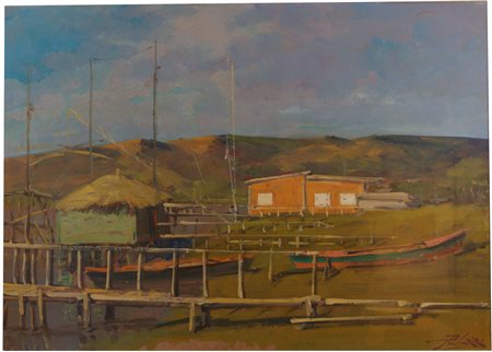 Lorenzo Palazzi (Livorno, 1921 - Livorno, 1990) Retone, 1960 Olio su faesite,...