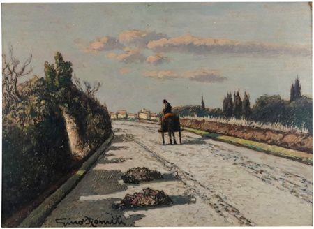Gino Romiti (Livorno, 1881 - Livorno, 1967) Strada con carro Olio su faesite,...