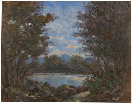 Cesare Scomparin (Venezia, 1915 - Pisa, 1976) Paesaggio sul lago Olio su...