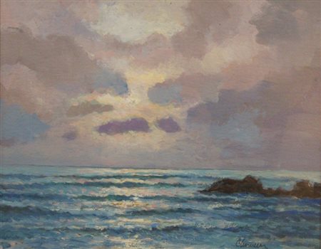 Cesare Scomparin (Venezia, 1915 - Pisa, 1976) Marina Olio su cartone, 22x28...