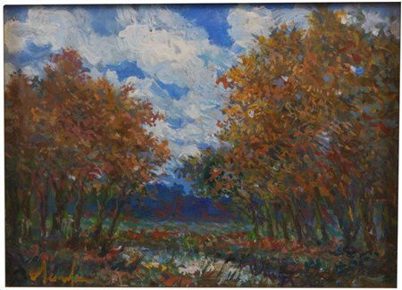 Cesare Scomparin (Venezia, 1915 - Pisa, 1976) Boschetto Olio su faesite,...