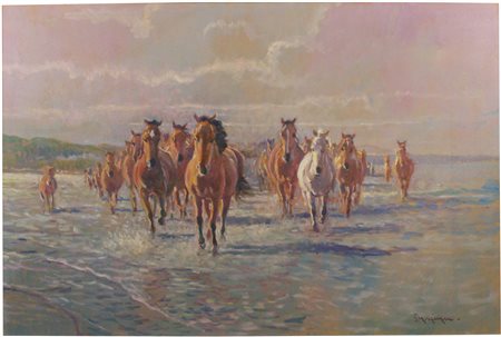 Giacomo Vaccaro (Livorno, 1953) Cavalli sulla battigia Olio su tavola, 40x60...