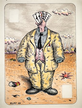 ASCARI GIANCARLO (ELFO) (n. 1951) - 5 di picche - CARTA DA GIOCO PER NUVOLE PARLANTI.