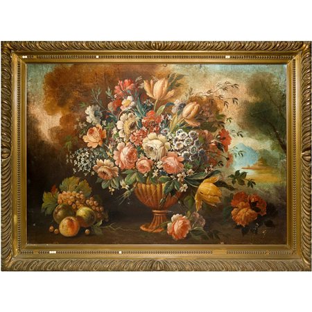 Natura morta con vaso di fiori e frutta