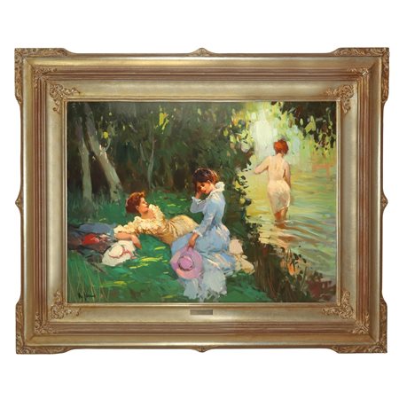 Alfonso  Sarno (XX secolo)  - Paesaggio fluviale con bagnante e fanciulle