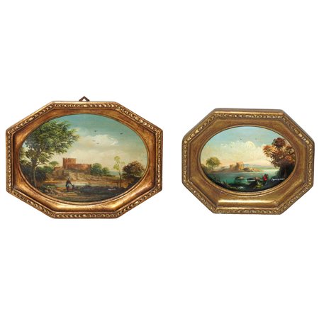 Paesaggio lacustre con castello, coppia di dipinti in cornici ottagonali