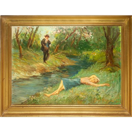 Gina Ruggeri - Scena nel bosco con fiume, donna distesa e uomo stante